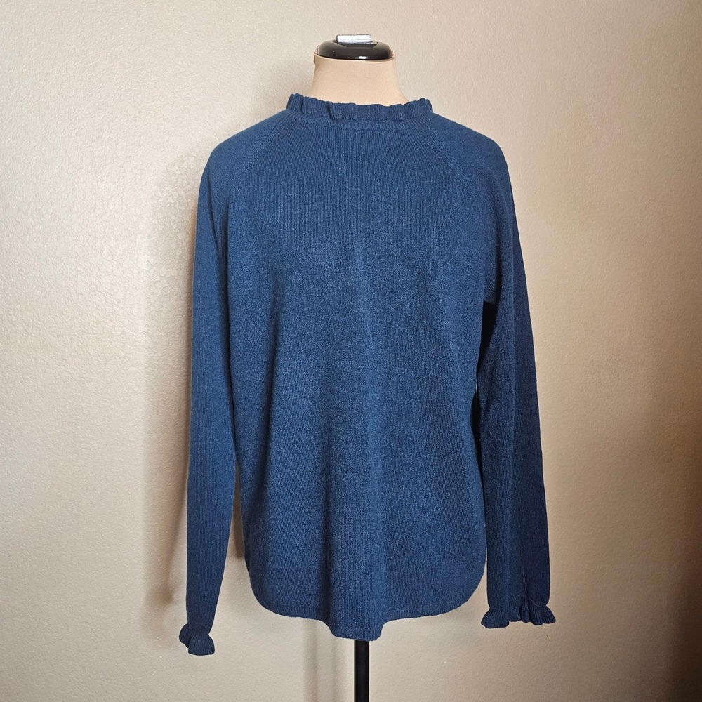 Garnet Hill 100% Cashmere Ruffle Mock Neck Sweater Teal Blue Medium